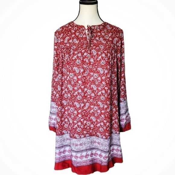 Boho Dress Long Sleeve Pullover Bohemian Pattern String Neck Burgundy Red - Picture 1 of 4